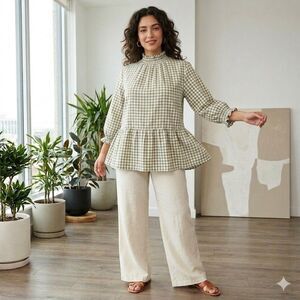 Boohoo Olive Green Gingham Peplum Top Smocked Mock Neck Ruffle Sleeve Blouse 18